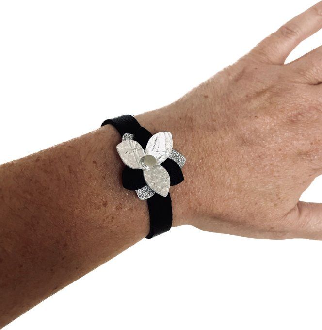 Bracelet FLOW en cuir Noir / Argent