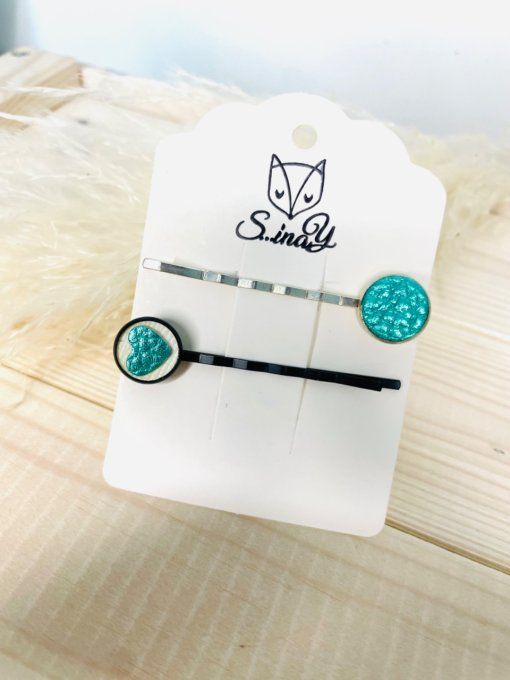 Duo de pinces insert cuir Emeraude